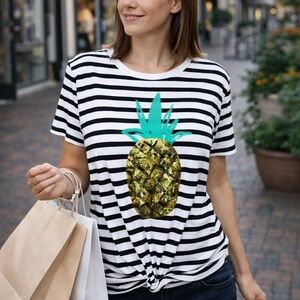 NEW Banana Republic Striped Pineapple Graphic Tee – Black & White with Sequin De